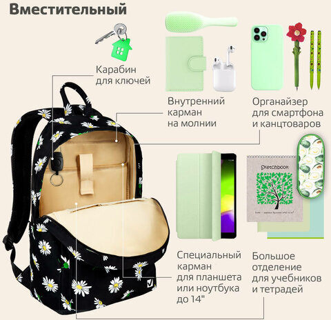 Рюкзак BRAUBERG DREAM универсальный с карманом для ноутбука, эргономичный, "Camomile", 42х26х14 см, 270773