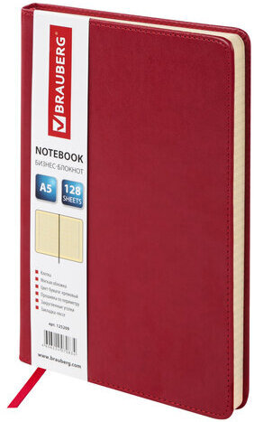 Блокнот А5 (148х218 мм), BRAUBERG "Income", 128 л., гладкий кожзаменитель, клетка, красный, 125209