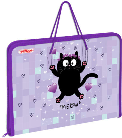 Папка для труда на молнии с ручками ПИФАГОР А4, 1 отделение, пластик, органайзер, "Falling cat", 272226