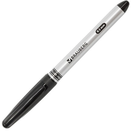 Ручка-роллер BRAUBERG "Control", ЧЕРНАЯ, корпус серебристый, узел 0,5 мм, линия письма 0,3 мм, 141553
