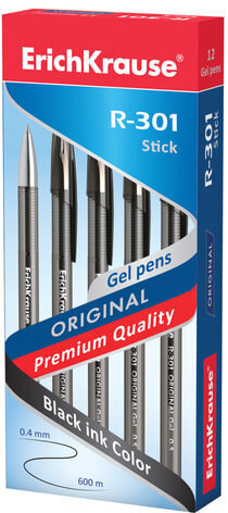 Ручка гелевая ERICH KRAUSE "R-301 Original Gel", ЧЕРНАЯ, корпус прозрачный, узел 0,5 мм, линия письма 0,4 мм, 42721