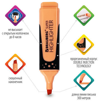 Текстовыделитель BRAUBERG "SUPER PASTEL", ПЕРСИКОВЫЙ, прорезиненный корпус, линия 1-5 мм, 151750