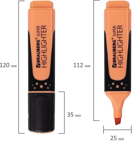 Текстовыделитель BRAUBERG "SUPER PASTEL", ПЕРСИКОВЫЙ, прорезиненный корпус, линия 1-5 мм, 151750