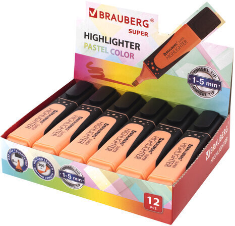 Текстовыделитель BRAUBERG "SUPER PASTEL", ПЕРСИКОВЫЙ, прорезиненный корпус, линия 1-5 мм, 151750