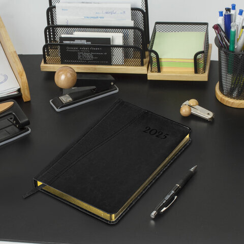 Ежедневник датированный 2025, А5, 138x213 мм, BRAUBERG "Cayman", под кожу, черный, 115772