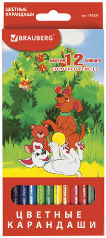 Карандаши цветные BRAUBERG "My lovely dogs", 12 цветов, заточенные, картонная упаковка, 180531