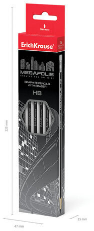 Карандаш чернографитный ERICH KRAUSE, 1 шт., "Megapolis", HB, с ластиком, корпус серебристый, заточенный, 32860