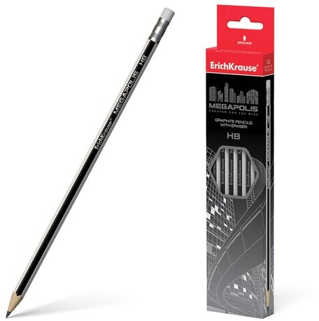 Карандаш чернографитный ERICH KRAUSE, 1 шт., "Megapolis", HB, с ластиком, корпус серебристый, заточенный, 32860