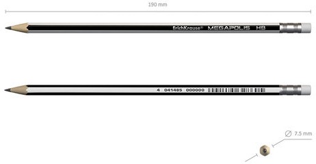 Карандаш чернографитный ERICH KRAUSE, 1 шт., "Megapolis", HB, с ластиком, корпус серебристый, заточенный, 32860