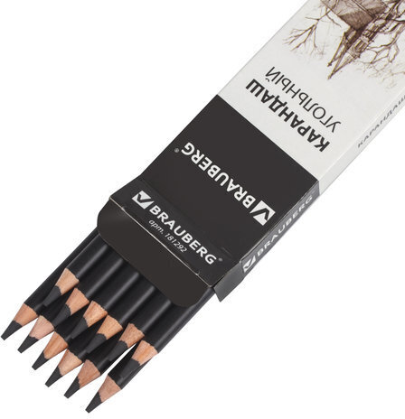 Карандаш (1 штука) угольный BRAUBERG ART CLASSIC, ТВЕРДЫЙ, круглый, корпус черный, заточенный, 181292