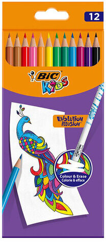 Карандаши цветные стираемые с ластиком BIC &quot;Kids Evolution Illusion&quot;, 12 ЦВЕТОВ, европодвес, 987868