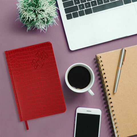 Ежедневник датированный 2024 А5 138x213 мм BRAUBERG "Comodo", под кожу, красный, 114836