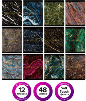 Тетради предметные, КОМПЛЕКТ 12 ПРЕДМЕТОВ, "MARBLE", 48 л., SoftTouch, фольга, BRAUBERG, 404326