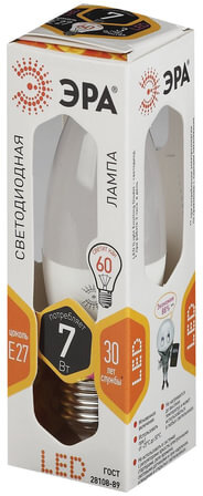 Лампа светодиодная ЭРА, 7 (60) Вт, цоколь E27, "свеча", теплый белый свет, 30000 ч., LED smdB35-7w-827-E27