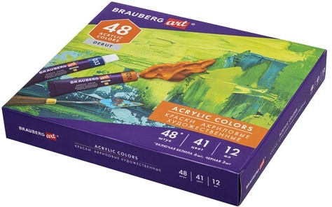 Краски акриловые художественные, НАБОР 48 штук, 41 цвет по 12 мл, в тубах, BRAUBERG ART DEBUT, 192295