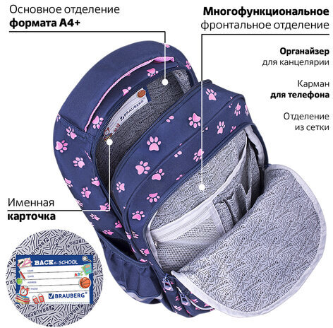 Рюкзак BRAUBERG MOTION, 2 отделения, 3 кармана, "Pawprints", 41х28х17 см, 271362