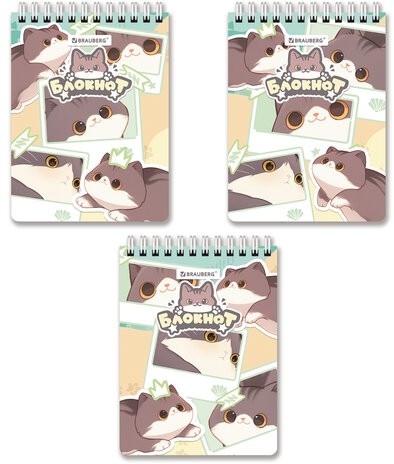 Блокнот МАЛЫЙ ФОРМАТ А6 108х145 мм, 60 л., гребень, картон, клетка, кросс-серия "МИЛЫЕ КОТЫ", BRAUBERG, 116987