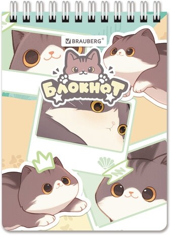 Блокнот МАЛЫЙ ФОРМАТ А6 108х145 мм, 60 л., гребень, картон, клетка, кросс-серия "МИЛЫЕ КОТЫ", BRAUBERG, 116987