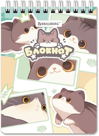 Блокнот МАЛЫЙ ФОРМАТ А6 108х145 мм, 60 л., гребень, картон, клетка, кросс-серия "МИЛЫЕ КОТЫ", BRAUBERG, 116987