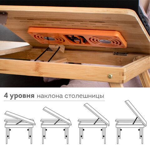 Столик БАМБУКОВЫЙ складной для ноутбука/завтрака (50х30х25 см), с охлаждением, DASWERK, 532583