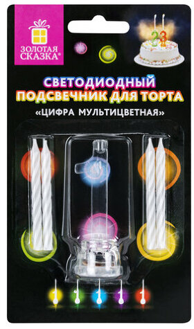 Цифра-подсвечник &quot;1&quot; светодиодная, ЗОЛОТАЯ СКАЗКА, в наборе 4 свечи 6 см, 1 батарейка, 591424