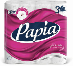 Бумага туалетная бытовая, спайка 32 шт., 3-слойная (32х16,8 м), PAPIA, белая, 5058532