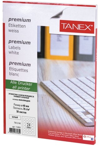 Этикетка самоклеящаяся D40 мм, 24 этикетки, белая, 70 г/м2, 50 листов, TANEX, сырье Финляндия, 114551, TW-2140