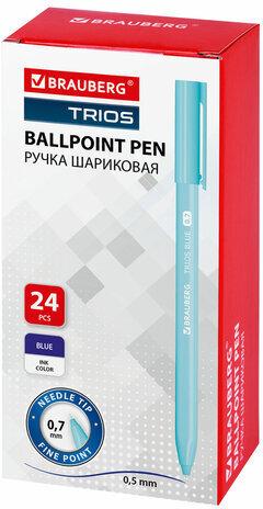 Ручка шариковая BRAUBERG TRIOS BLUE, СИНЯЯ, трехгранная, корпус голубой, игольчатый узел 0,7 мм, линия 0,5 мм, 144158