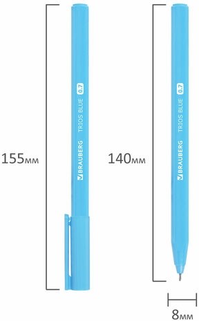 Ручка шариковая BRAUBERG TRIOS BLUE, СИНЯЯ, трехгранная, корпус голубой, игольчатый узел 0,7 мм, линия 0,5 мм, 144158