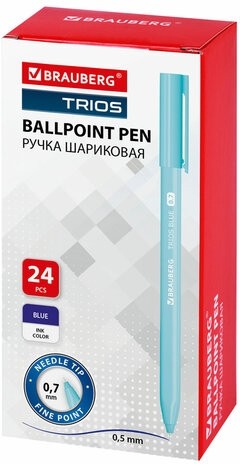 Ручка шариковая BRAUBERG TRIOS BLUE, СИНЯЯ, трехгранная, корпус голубой, игольчатый узел 0,7 мм, линия 0,5 мм, 144158
