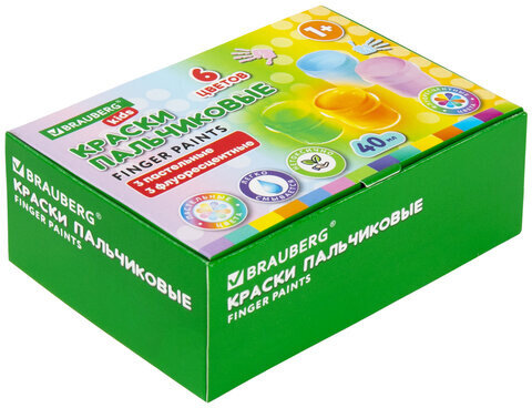 Краски пальчиковые для малышей от 1 года, 6 цветов (3 пастельных + 3 флуоресцентных) по 40 мл, BRAUBERG KIDS, 192400