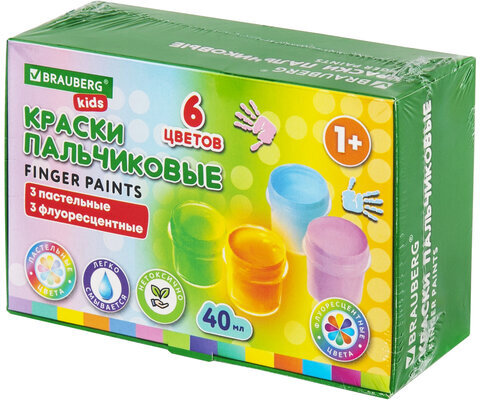 Краски пальчиковые для малышей от 1 года, 6 цветов (3 пастельных + 3 флуоресцентных) по 40 мл, BRAUBERG KIDS, 192400