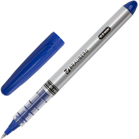 Ручка-роллер BRAUBERG "Control", СИНЯЯ, корпус серебристый, узел 0,5 мм, линия письма 0,3 мм, 141554