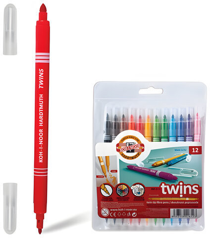 Фломастеры KOH-I-NOOR, 12 цветов, двухсторонние, 1 и 3 мм, смываемые, пластиковая упаковка, подвес, 771023AB02TE