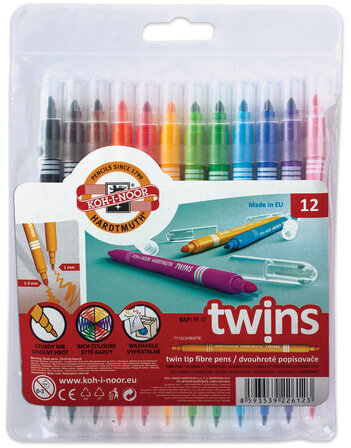 Фломастеры KOH-I-NOOR, 12 цветов, двухсторонние, 1 и 3 мм, смываемые, пластиковая упаковка, подвес, 771023AB02TE
