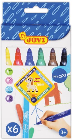 Фломастеры утолщенные JOVI (Испания) &quot;Maxi&quot;, 6 цветов, трехгранные, для малышей, вентилируемый колпачок, 1706