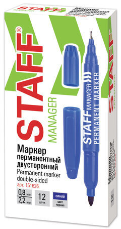 Маркер перманентный двусторонний STAFF "Manager" PM-625, СИНИЙ, наконечники 0,8 мм/2,2 мм, 151626
