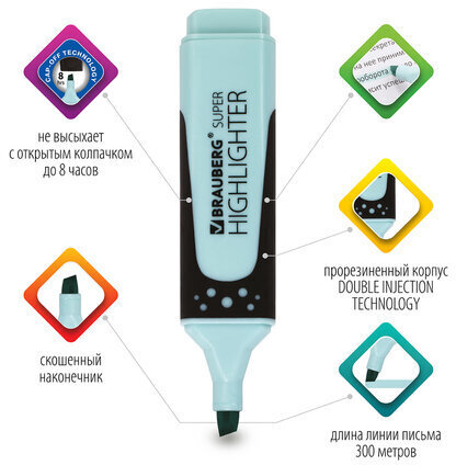 Текстовыделитель BRAUBERG "SUPER PASTEL", БИРЮЗОВЫЙ, прорезиненный корпус, линия 1-5 мм, 151752