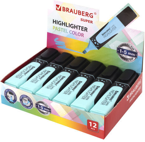 Текстовыделитель BRAUBERG "SUPER PASTEL", БИРЮЗОВЫЙ, прорезиненный корпус, линия 1-5 мм, 151752