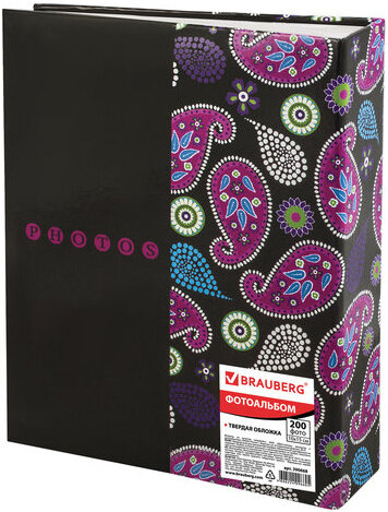 Фотоальбом BRAUBERG на 200 фотографий 10х15 см, твердая обложка, "Пейсли", черный с розовым, 390668