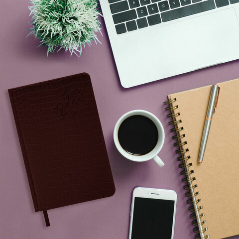 Ежедневник датированный 2024 А5 138x213мм BRAUBERG Comodo, под кожу, коричневый, 114837