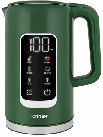 Чайник с терморегулятором и дисплеем, ДВОЙНЫЕ СТЕНКИ, SONNEN KT-8723EG, 1,7 л, 2200 Вт, изумрудный, 454689