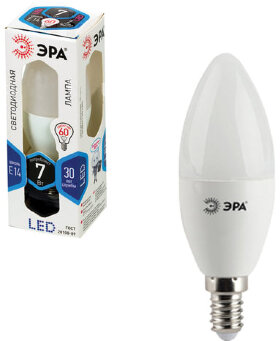Лампа светодиодная ЭРА, 7 (60) Вт, цоколь E14, &quot;свеча&quot;, холодный белый свет, 30000 ч., LED smdB35-7w-840-E14
