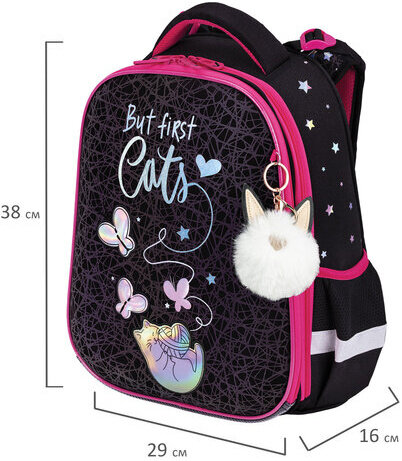 Ранец BRAUBERG LUMINOUS, 2 отделения, с брелоком, "Cats first", СВЕТЯЩИЙСЯ РИСУНОК, 38х29х16 см, 271367