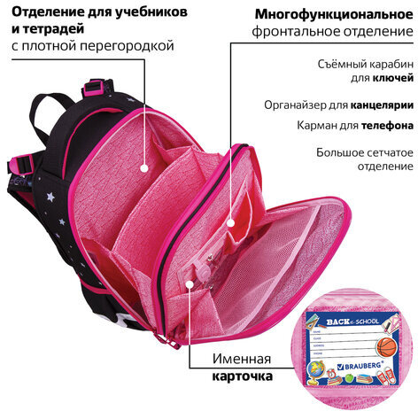 Ранец BRAUBERG LUMINOUS, 2 отделения, с брелоком, "Cats first", СВЕТЯЩИЙСЯ РИСУНОК, 38х29х16 см, 271367