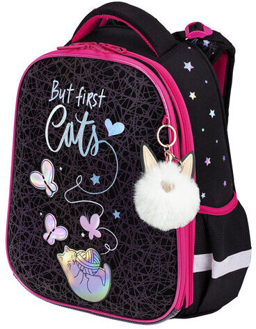 Ранец BRAUBERG LUMINOUS, 2 отделения, с брелоком, "Cats first", СВЕТЯЩИЙСЯ РИСУНОК, 38х29х16 см, 271367