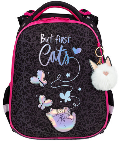 Ранец BRAUBERG LUMINOUS, 2 отделения, с брелоком, "Cats first", СВЕТЯЩИЙСЯ РИСУНОК, 38х29х16 см, 271367