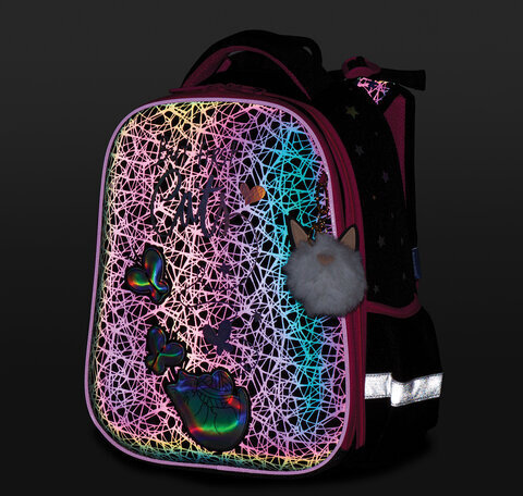 Ранец BRAUBERG LUMINOUS, 2 отделения, с брелоком, "Cats first", СВЕТЯЩИЙСЯ РИСУНОК, 38х29х16 см, 271367