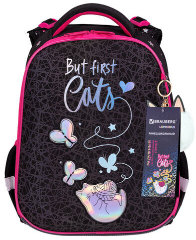 Ранец BRAUBERG LUMINOUS, 2 отделения, с брелоком, "Cats first", СВЕТЯЩИЙСЯ РИСУНОК, 38х29х16 см, 271367
