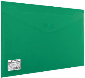 Папка-конверт с кнопкой BRAUBERG, А4, до 100 листов, непрозрачная, зеленая, СВЕРХПРОЧНАЯ 0,2 мм, 221363
